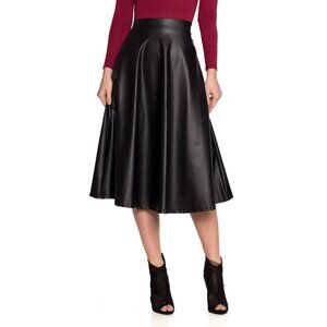 8232 ’s Faux Leather Flare Skirt – High Waist Classical Mid Length A-Line
